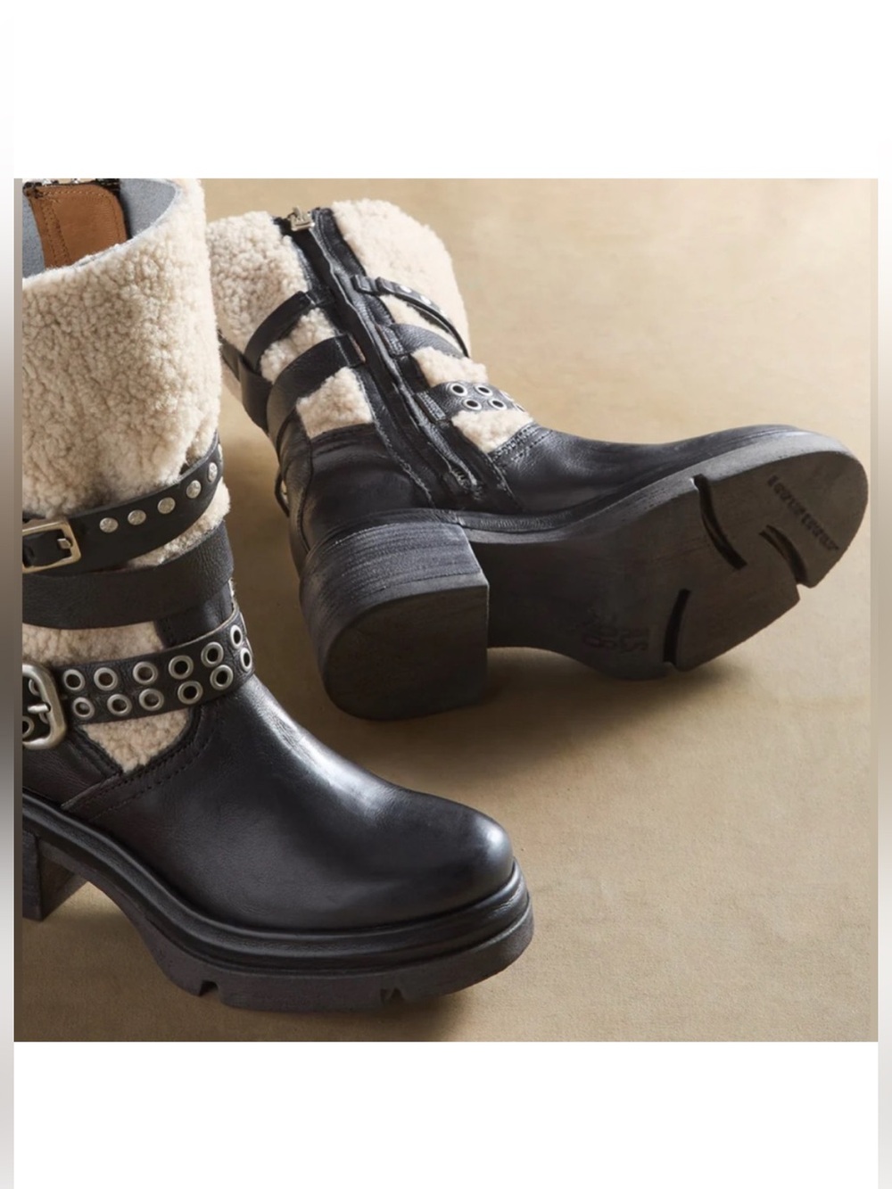 🔥 A.S.98 Emmons Shearling & Black Leather Moto Boots w/ Buckle Straps 8.5-9 (39)